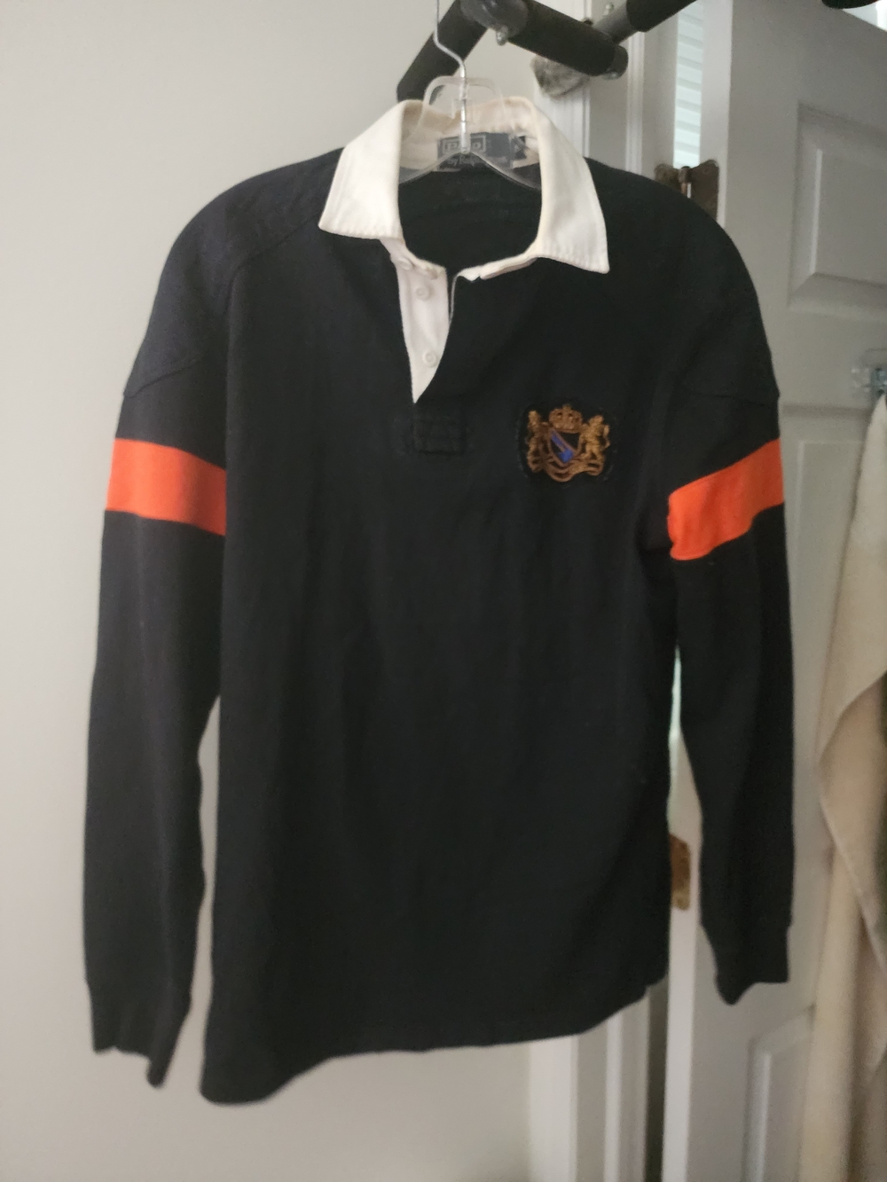 Ralph Lauren THICK Black Rugby Shirt with Orange Sleeve Stripes and White Collar